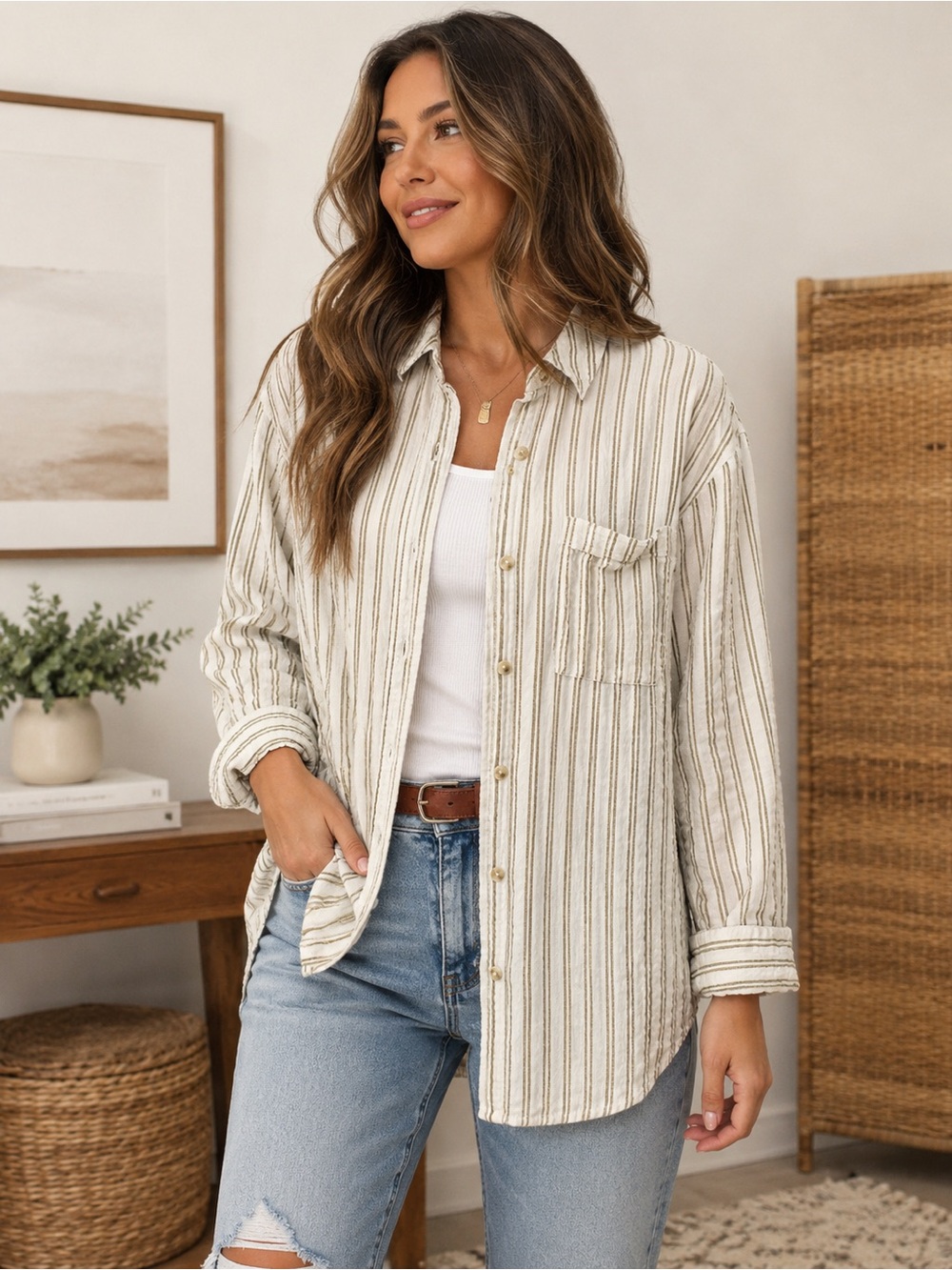 The Normal Brand Freshwater Stripe Overshirt size Large